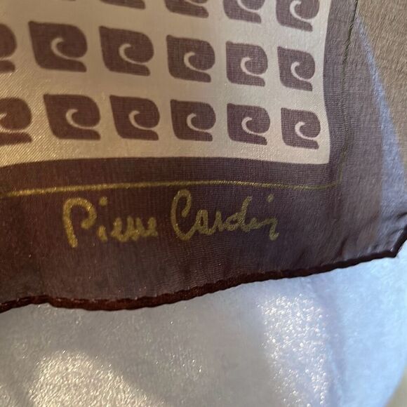 Vintage Pierre Cardin 100% Silk Square Scarf Brown Tan Logo Print Luxury Neutral - Picture 5 of 9